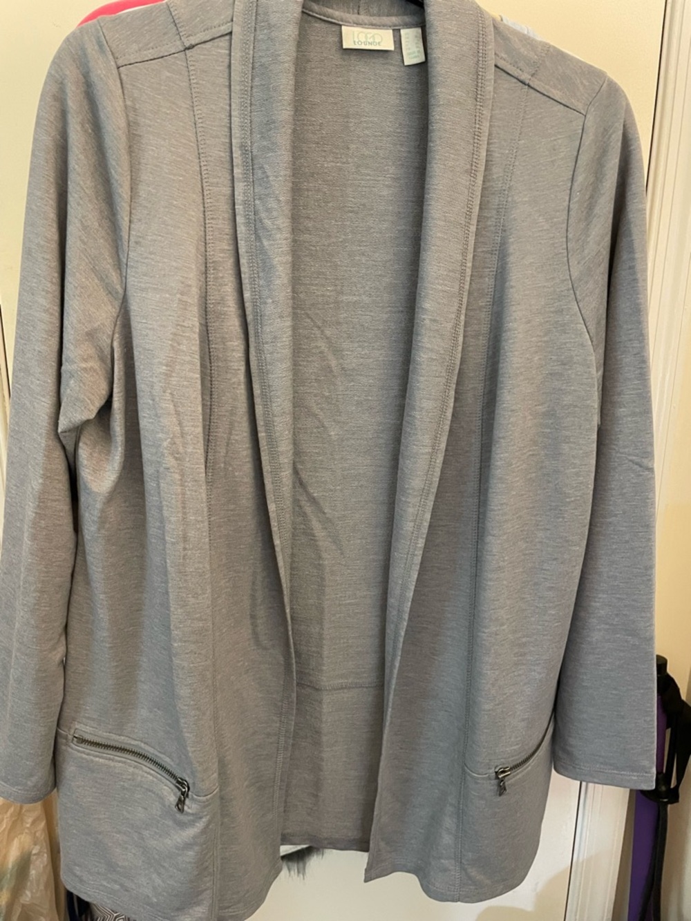 LOGO by Lori Goldstein Gray Open-Front Knit Blazer